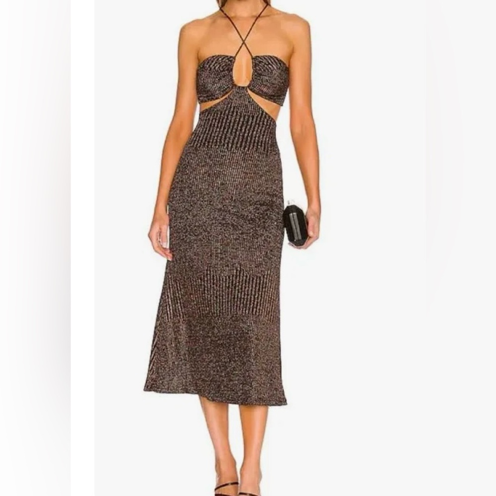 MISHA glitter brown halter cutout strap dress midi